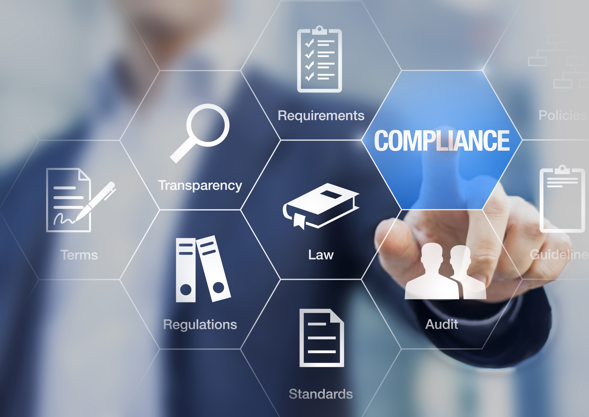 Infographic of Compliance Process, including Law, Transparency, Standards, Audit, Terms, Requirements and Guidelines